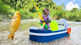 Baby monkey Bim Bim going koi fishing is very funny and cute | Baby Monkey Animal